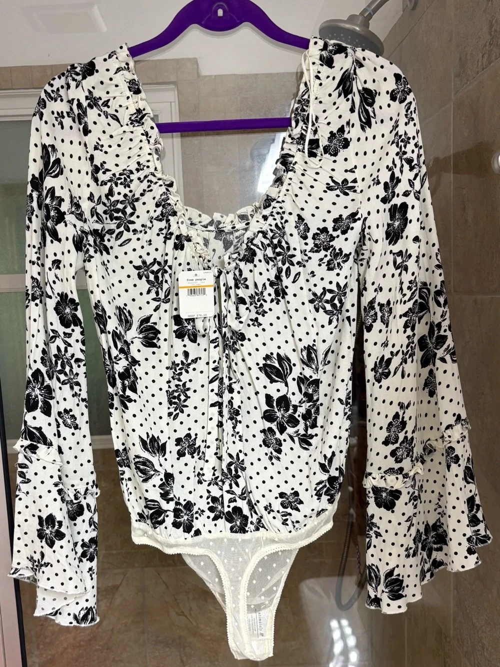 Free People One on One Date Bell Sleeve Floral Polka Dot Bodysuit